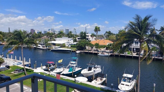 view of water feature with a boat dock