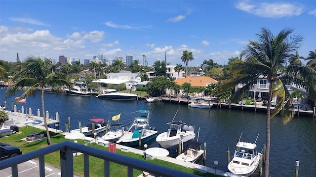 water view featuring a boat dock and boat lift