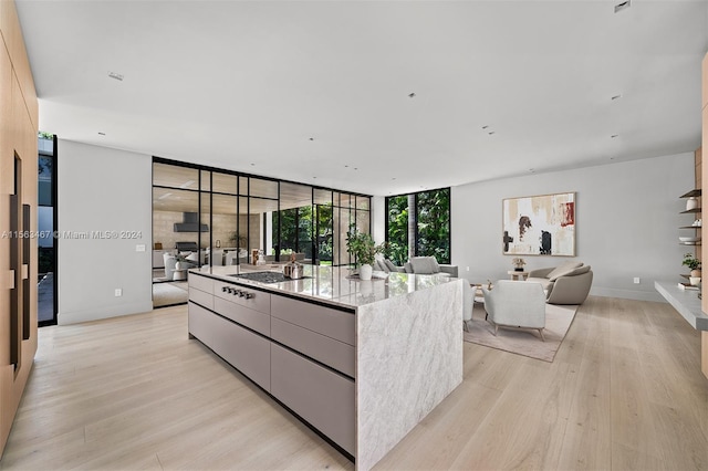 kitchen featuring light stone countertops, light hardwood / wood-style flooring, floor to ceiling windows, and a center island