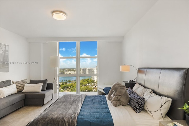 bedroom with floor to ceiling windows, a water view, and multiple windows