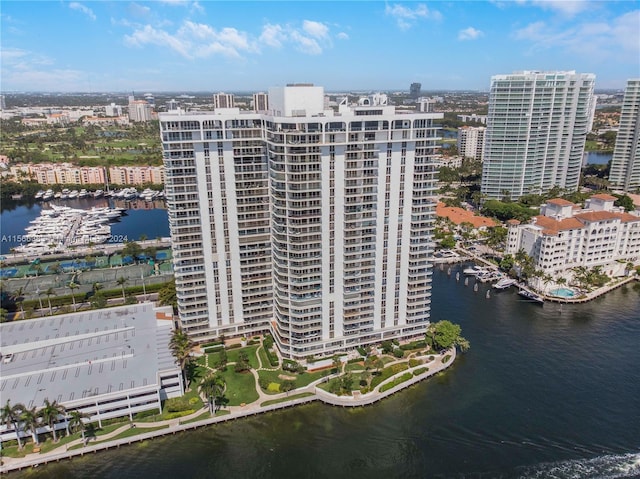 drone / aerial view featuring a water view