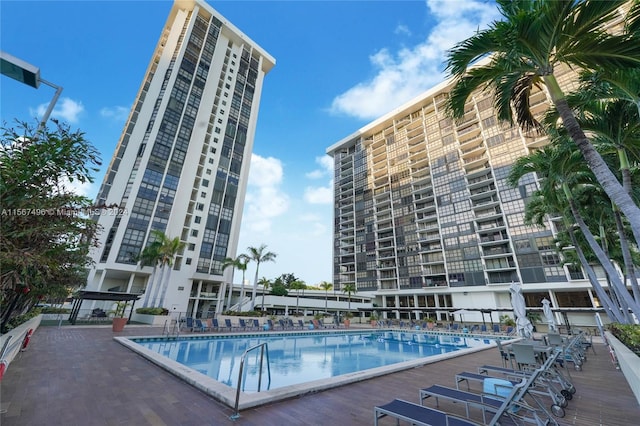 view of swimming pool with a patio