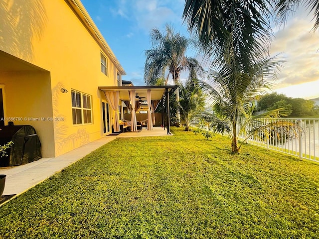 yard at dusk featuring a patio