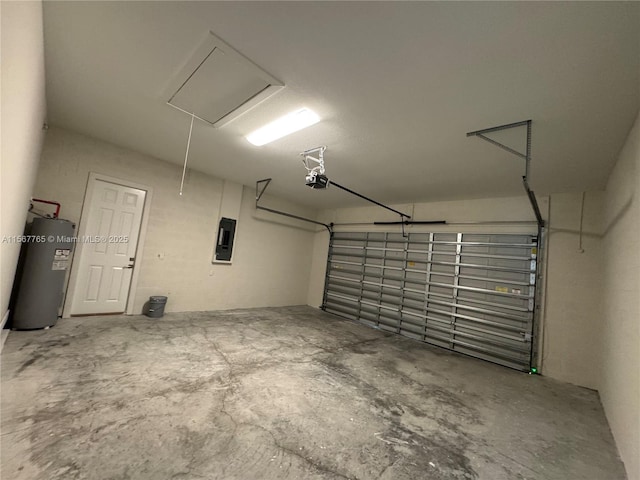 garage featuring a garage door opener, electric panel, and electric water heater