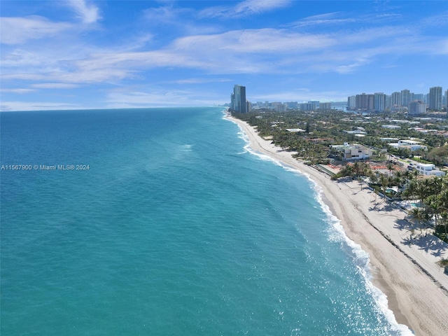 aerial view featuring a water view and a view of the beach