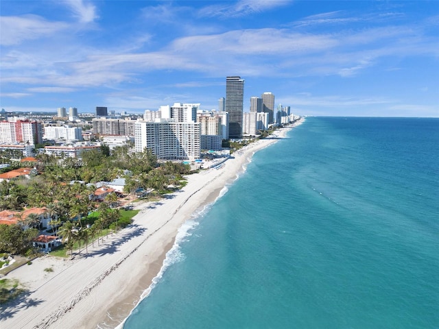 bird's eye view featuring a view of the beach and a water view