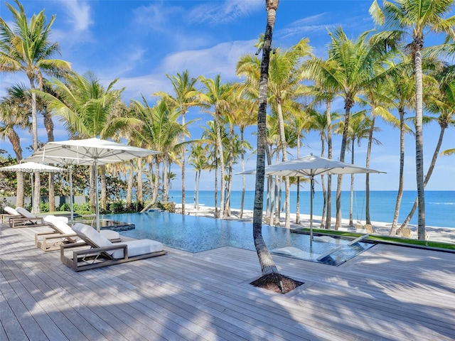 view of dock with a deck with water view