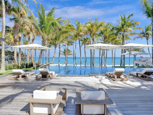 view of swimming pool featuring a deck with water view