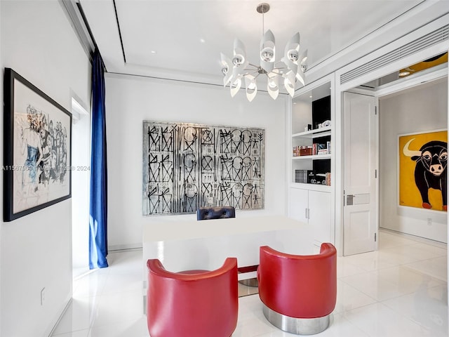 living area with an inviting chandelier, light tile flooring, and built in features