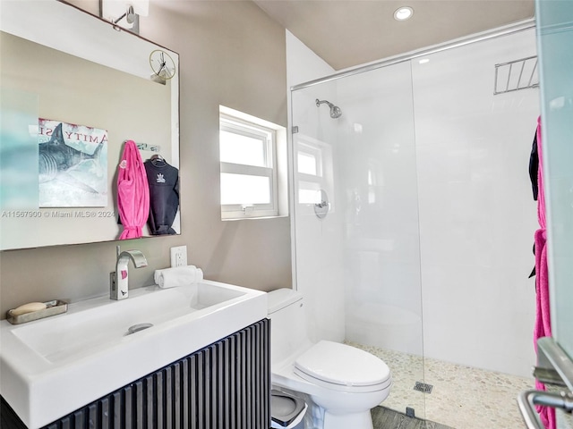 bathroom featuring walk in shower, vanity, and toilet