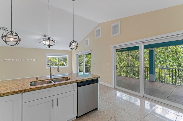 kitchen featuring dishwasher, white cabinets, hanging light fixtures, and sink