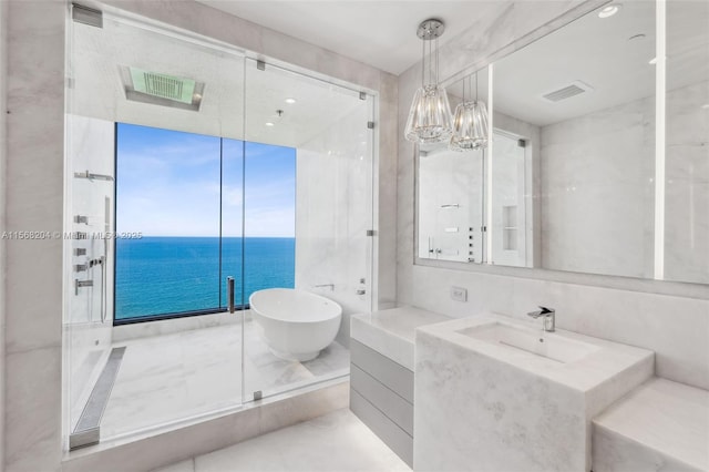 bathroom with visible vents, a freestanding bath, and vanity