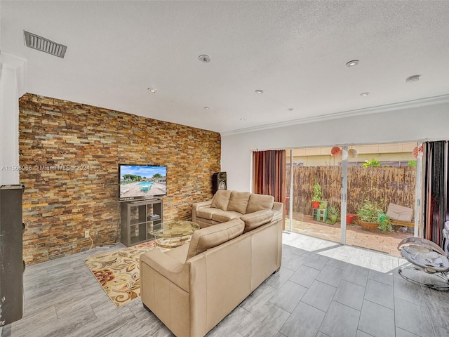 living room featuring a textured ceiling