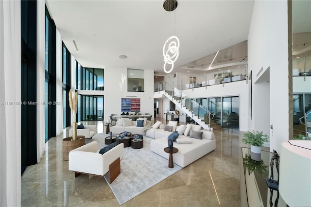 tiled living room featuring a high ceiling