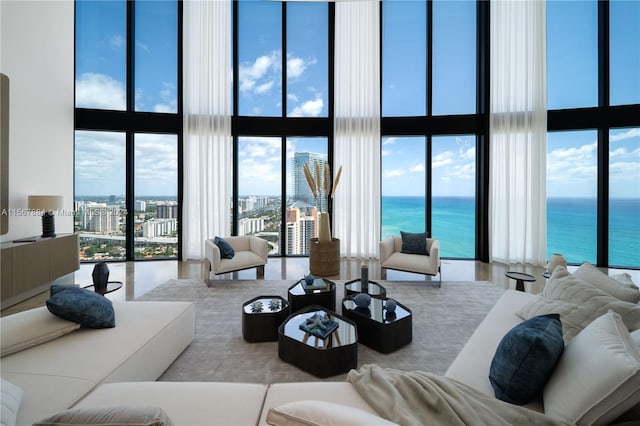 living room with a wall of windows and a high ceiling