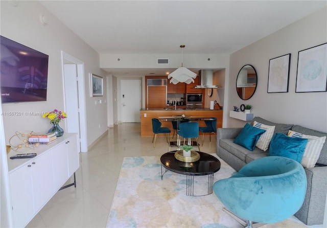 tiled living room with sink