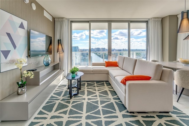 living room with a wall of windows