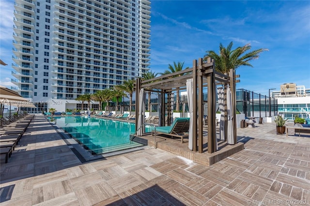 view of swimming pool featuring a patio area