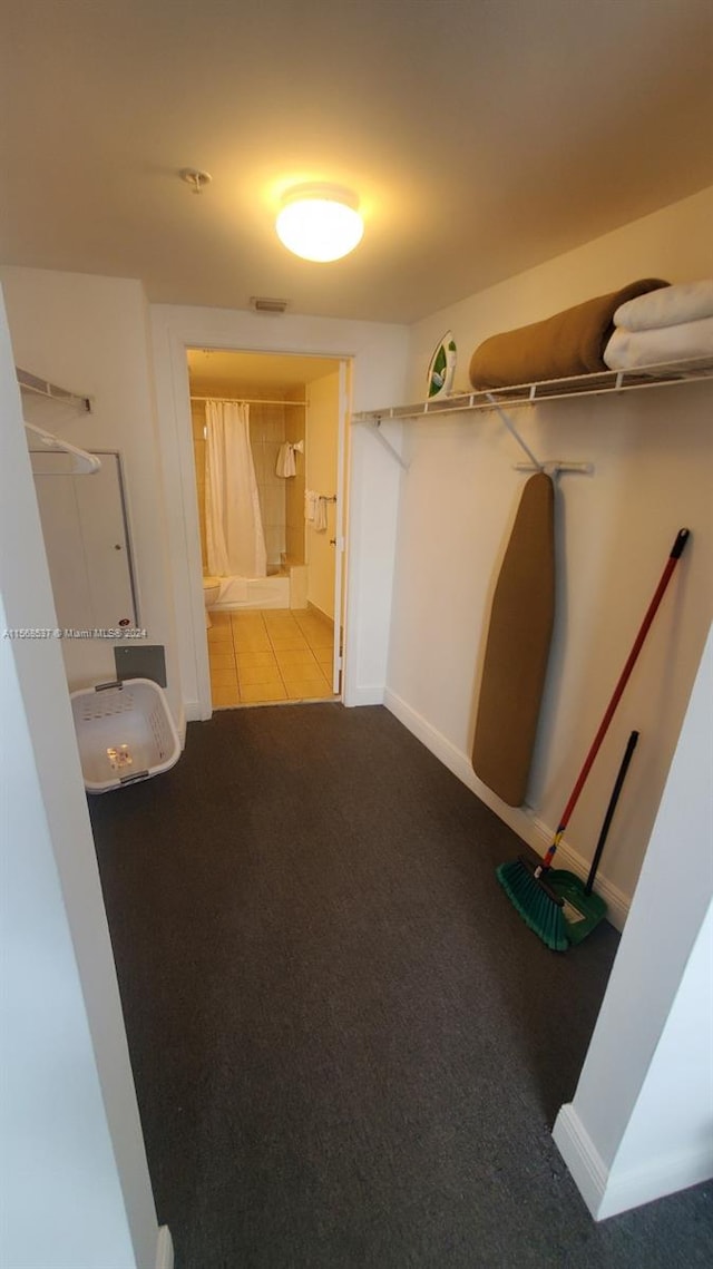 walk in closet featuring light colored carpet