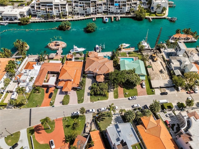 drone / aerial view with a water view