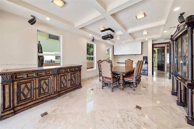 dining room with beamed ceiling and coffered ceiling