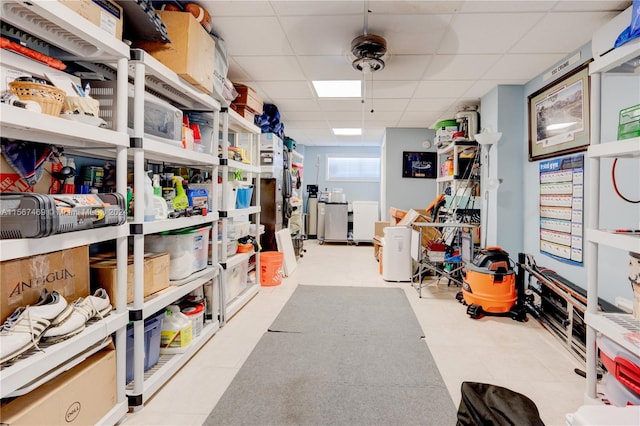 storage area featuring ceiling fan