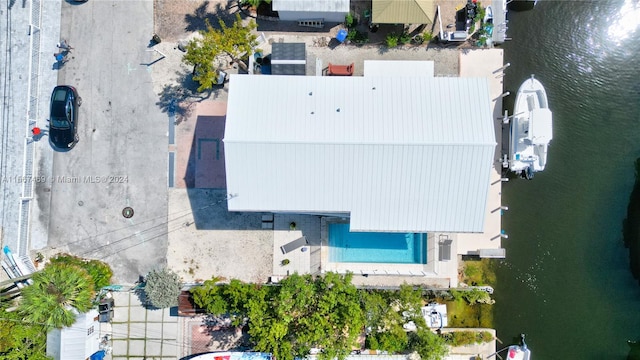 drone / aerial view featuring a water view