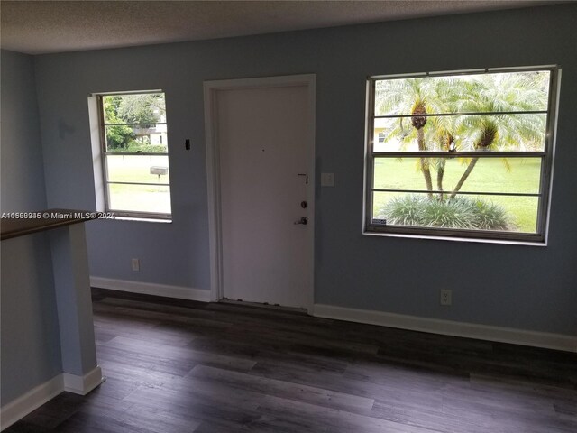 unfurnished room with a healthy amount of sunlight, dark wood-type flooring, and a textured ceiling