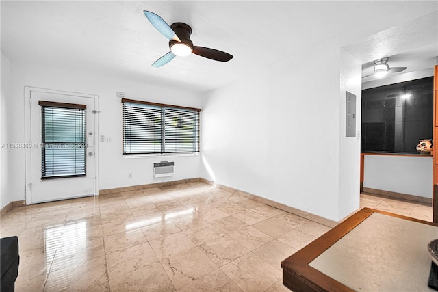 unfurnished room featuring a wall unit AC and ceiling fan