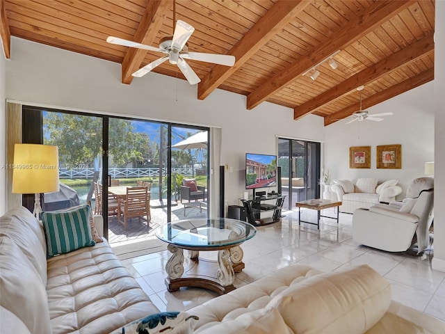 tiled living room with beamed ceiling, ceiling fan, and wooden ceiling