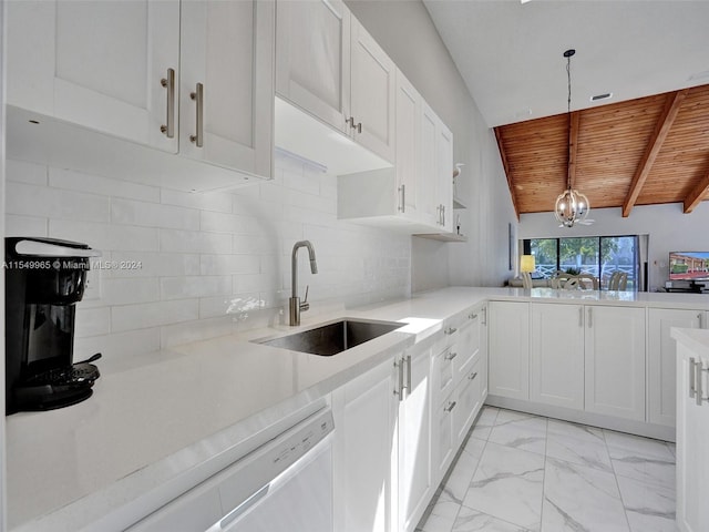 kitchen with lofted ceiling with beams, hanging light fixtures, sink, wood ceiling, and tasteful backsplash