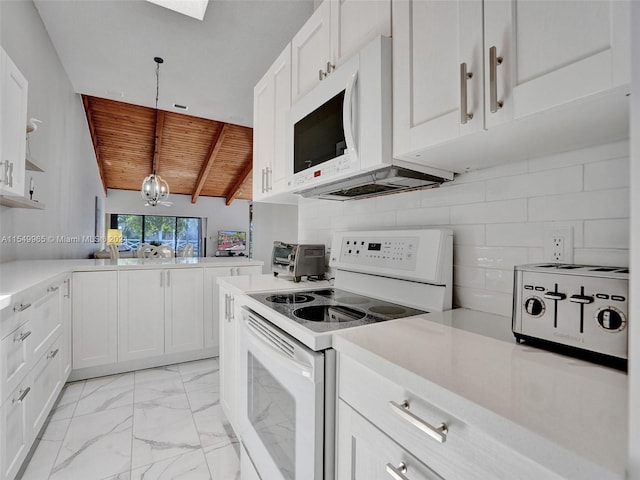 kitchen featuring white appliances, lofted ceiling with beams, white cabinetry, wood ceiling, and light tile floors