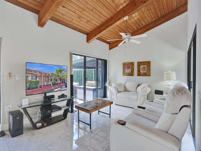 living room featuring wood ceiling, beam ceiling, ceiling fan, and light tile flooring