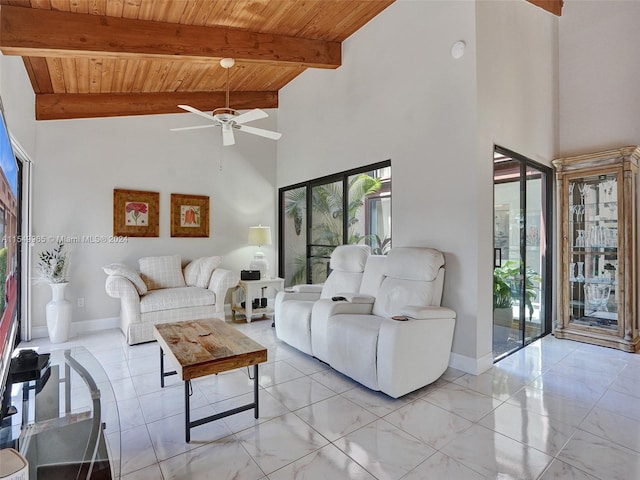 living room featuring high vaulted ceiling, ceiling fan, beam ceiling, wooden ceiling, and light tile floors