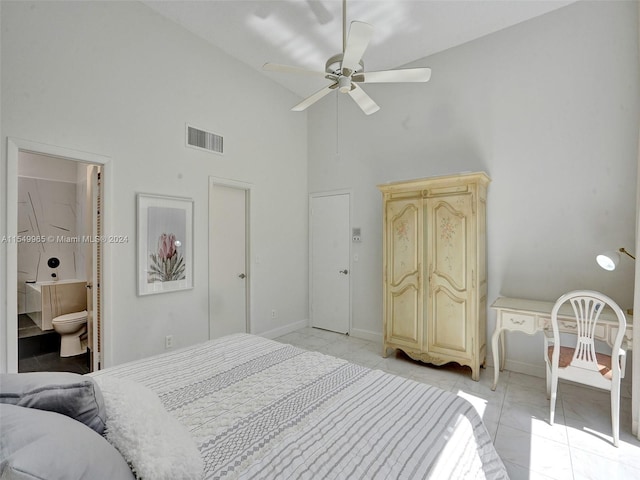 bedroom featuring high vaulted ceiling, connected bathroom, ceiling fan, and light tile flooring