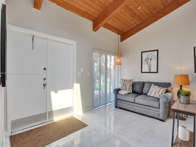 living room featuring wood ceiling, vaulted ceiling with beams, and light tile floors