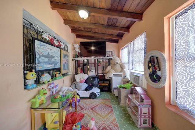 playroom with wood ceiling and beam ceiling