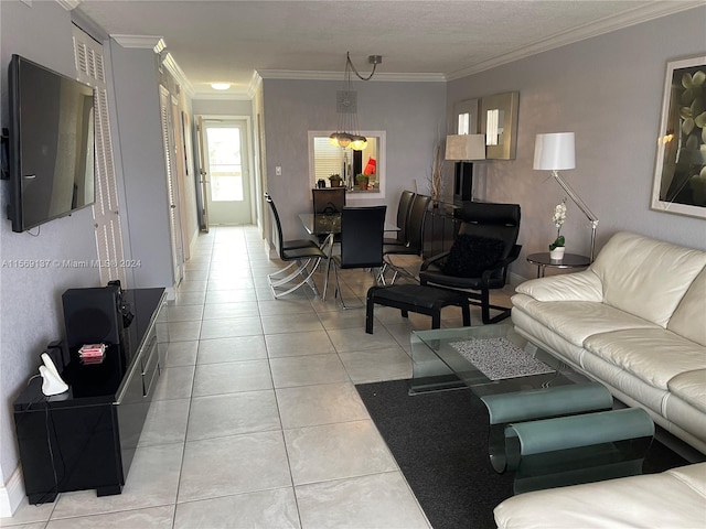 living room featuring crown molding and light tile flooring