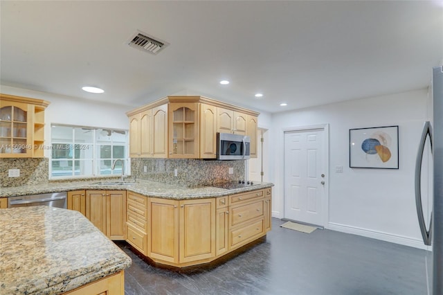 kitchen with backsplash, stainless steel dishwasher, dark hardwood / wood-style floors, light stone countertops, and light brown cabinetry