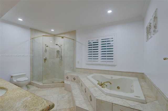 bathroom with a shower with shower door, tile patterned flooring, crown molding, toilet, and dual bowl vanity