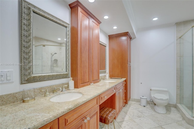 bathroom featuring walk in shower, tile patterned flooring, crown molding, toilet, and dual vanity