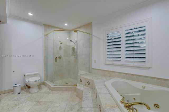 bathroom with tile patterned flooring, separate shower and tub, and vanity