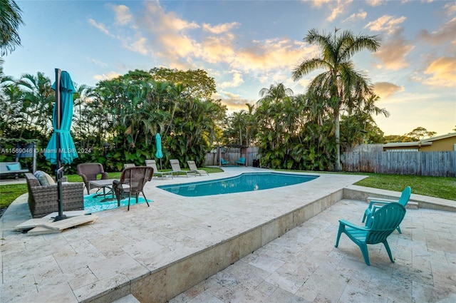 pool at dusk featuring a patio