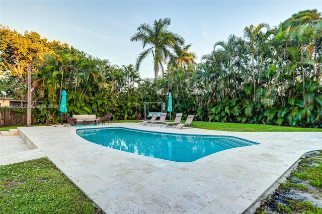 view of swimming pool featuring a patio