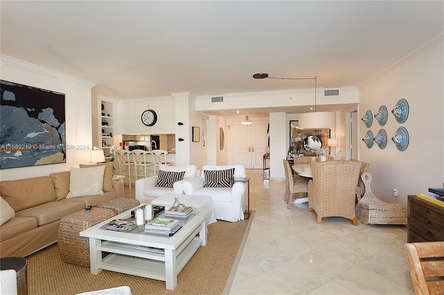 tiled living room with crown molding and built in features