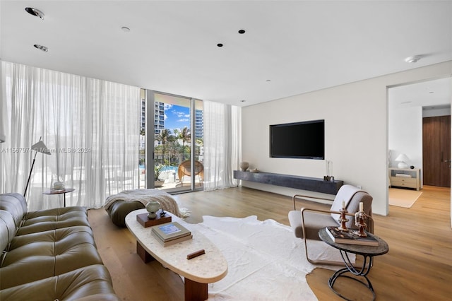 living room with light hardwood / wood-style flooring and floor to ceiling windows