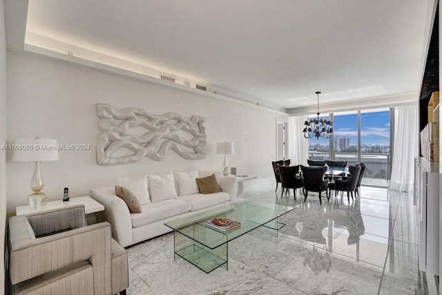 tiled living room featuring a chandelier