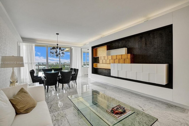 tiled living room featuring a chandelier