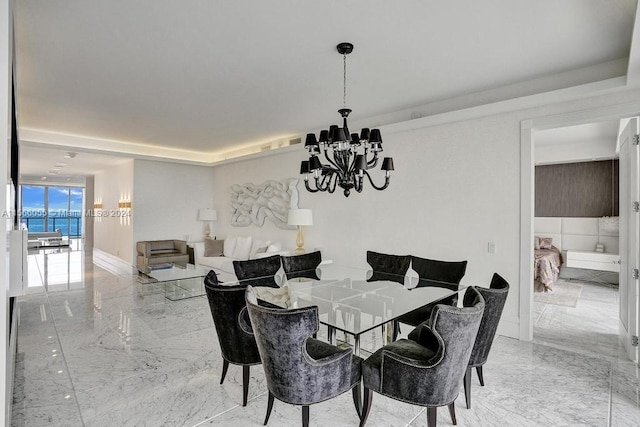 tiled dining area with an inviting chandelier