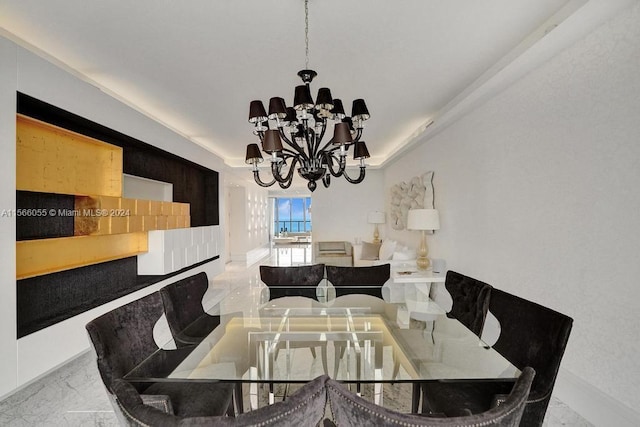 dining room with light tile flooring and a chandelier